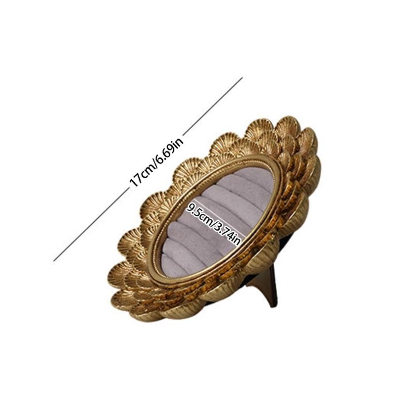 Vintage Jewelry Display Tray with Ring Slots, Gold Tone Oval Holder for Vanity Display and Photography Styling