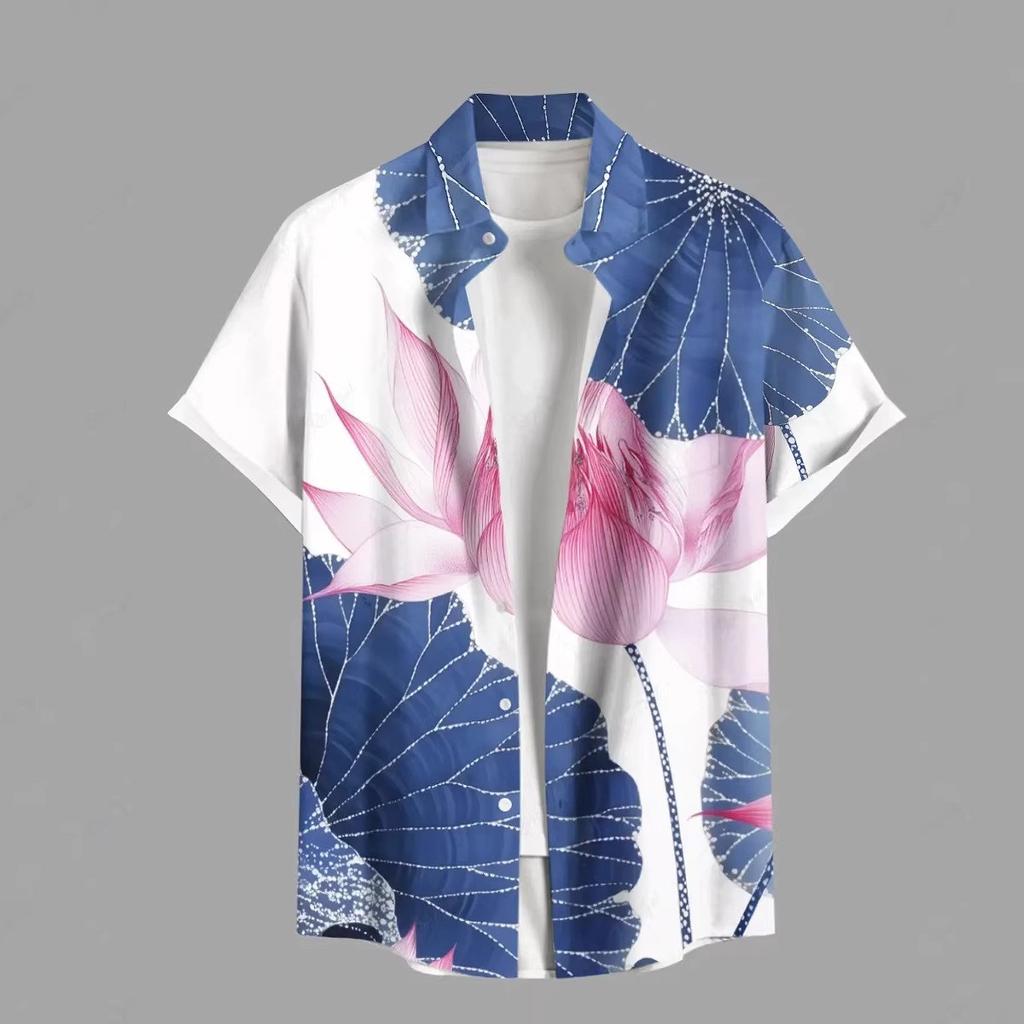 Erkek Yazlık Kısa Kollu Hawaii Gömlek Plaj Tatil Baskılı Gömlek Üst %100 Polyester