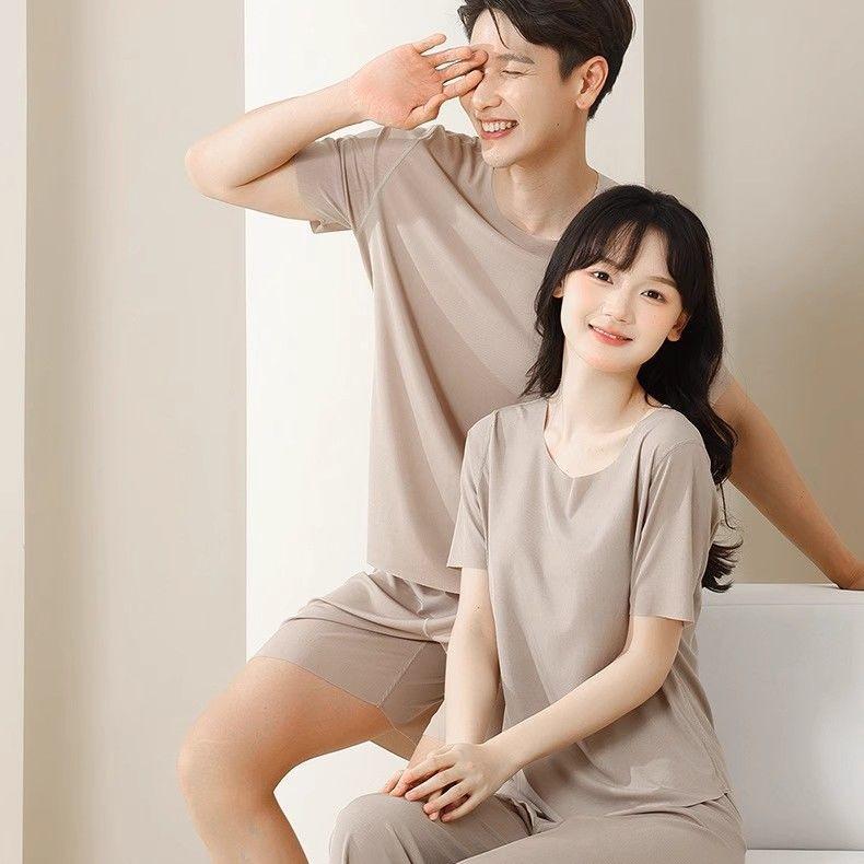 Summer Ice Silk Pajama Set: Men’s Shorts & Women’s Casual Round Neck