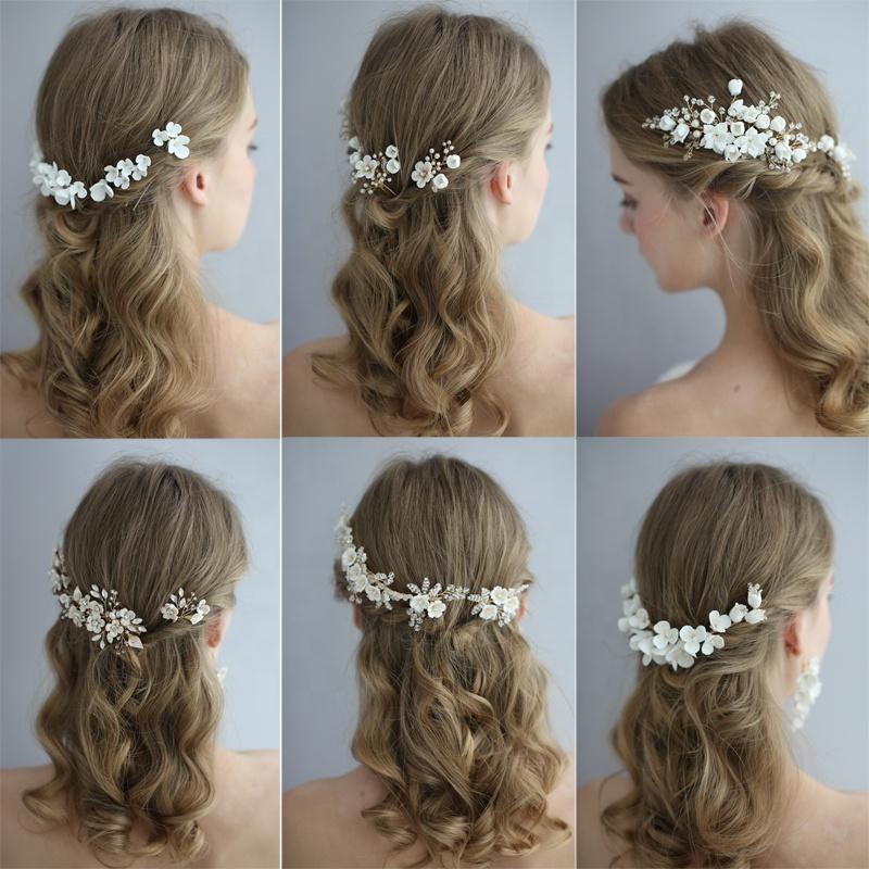 Diadema da Sposa Fiore in Argilla Ceramica Cristallo Perla Pettine per Capelli Spille Accessori Copricapo da Donna per Matrimonio Festa Idee Acconciature