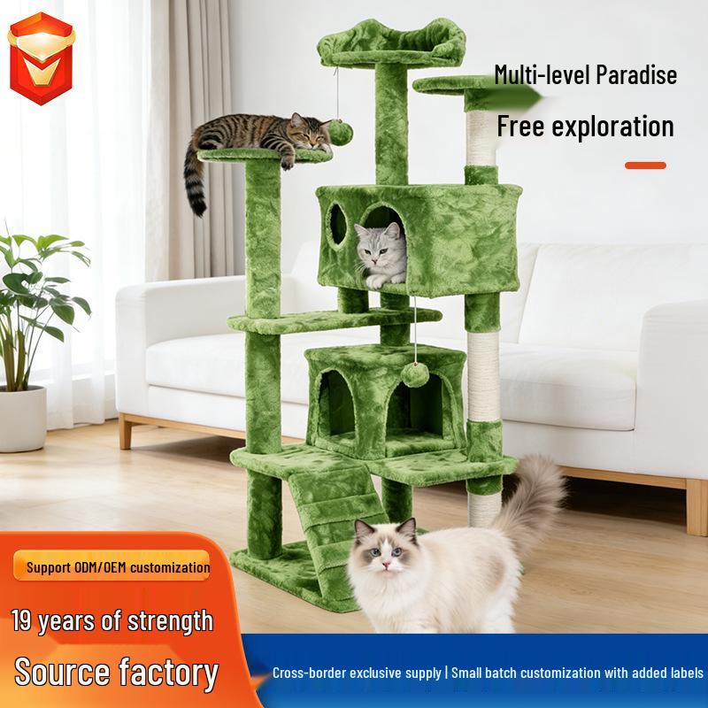 Wooden Cat Climbing Tree with Scratch Post and Space-Saving Capsule House