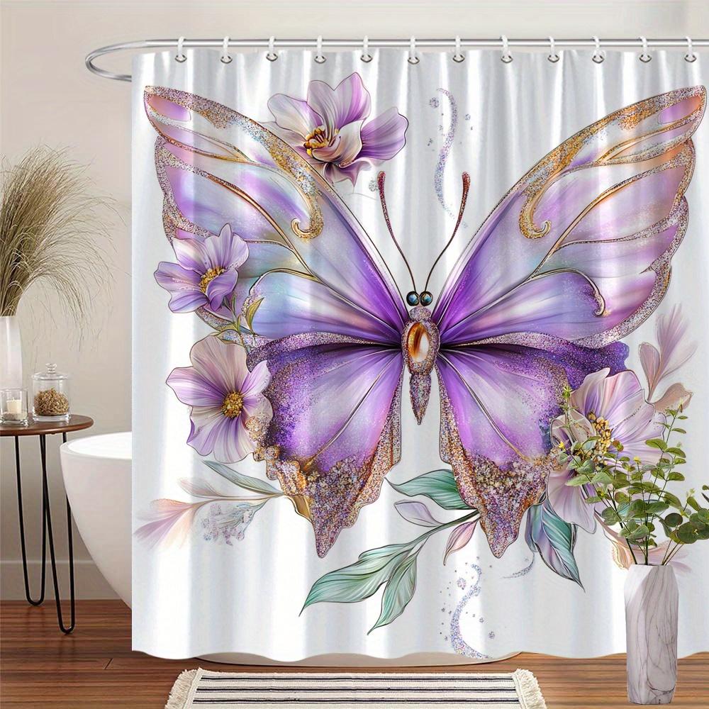 1 Whimsical Lavender Butterfly Shower Curtain with Gold Swirls and Pastel Flowers with Hooks Machine Washable Polyester 90X180cm