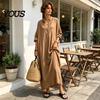 Elegant Casual Dress Summer Maxi for Women, V-Neck Oversized Boho Long Women Dress, Sleeve Button Up Vacation Sundress with Pockets Simple Style