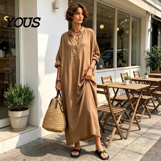 Elegant Casual Dress Summer Maxi for Women, V-Neck Oversized Boho Long Women Dress, Sleeve Button Up Vacation Sundress with Pockets Simple Style
