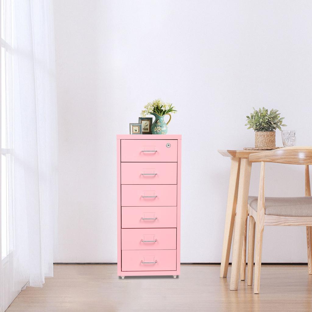 Vertical File Cabinet with 6 Tiers, 2 Keys, Lockable Metal Storage Organizer on Wheels, Pink Furniture for Document Organization