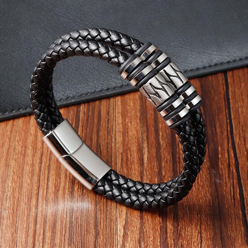 Modische 2-lagige Lederarmbänder mit Edelstahl-Magnet Trendiges mehrlagiges Armband Herren Schmuck Männliches Armband Großhandel Großmenge