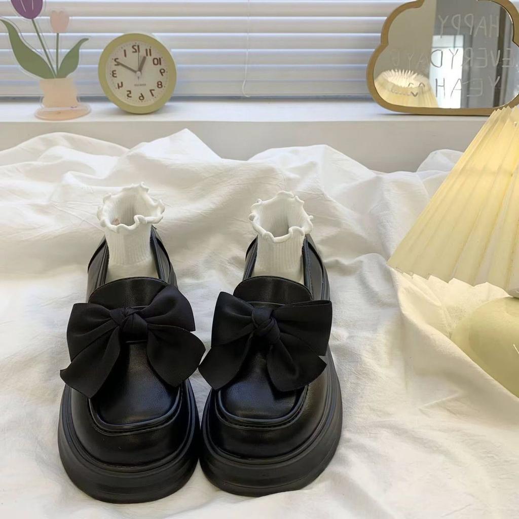 Women's Platform Leather Loafers with Bow Design Retro British Style Spring and Autumn Casual Shoes Fashion Footwear