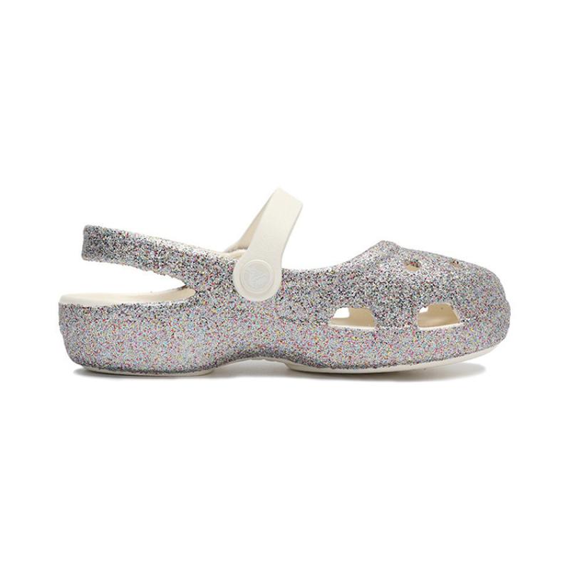 Crocs Isabella Outdoor Toe Flat Heel Shiny Hole Sneaker Sandals Silver Kids