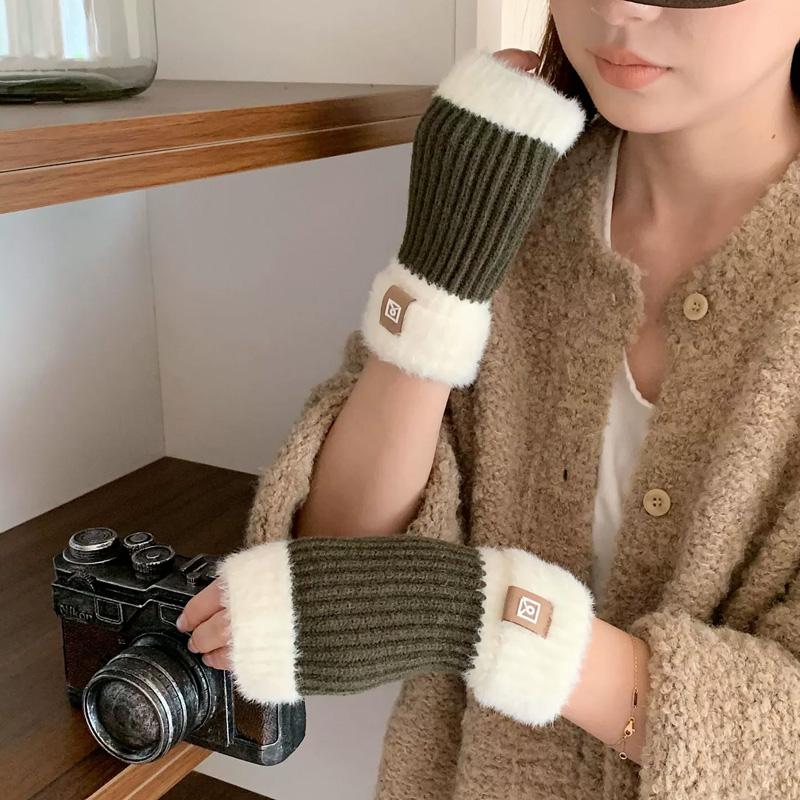 1Pair Fingerless Gloves Solid Color Plush Warm Knitted Soft Half-Finger Flexible Cold-proof