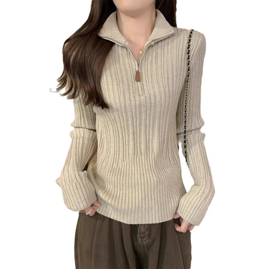 Spring Korean Elegant Zip Neck Ribbed Slim Versatile Knit Top Long Sleeve Base Layer Women Fashion