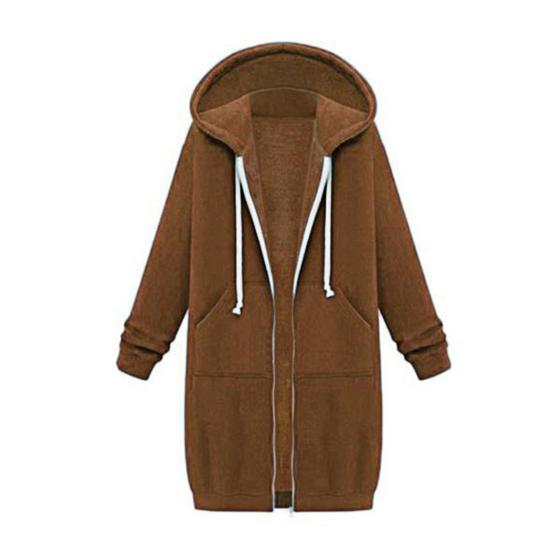 Women Sweatshirt Coat Hooded Adjustable Drawstring Long Sleeve Coat with Pockets Solid Color Mid-length