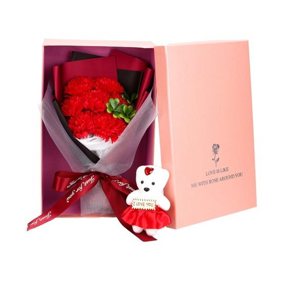 Valentine's Day Flower Bouquet with Bear And Gift Box 7 Scented Soap Flowers Artificial Rose Carnation Bouquet for