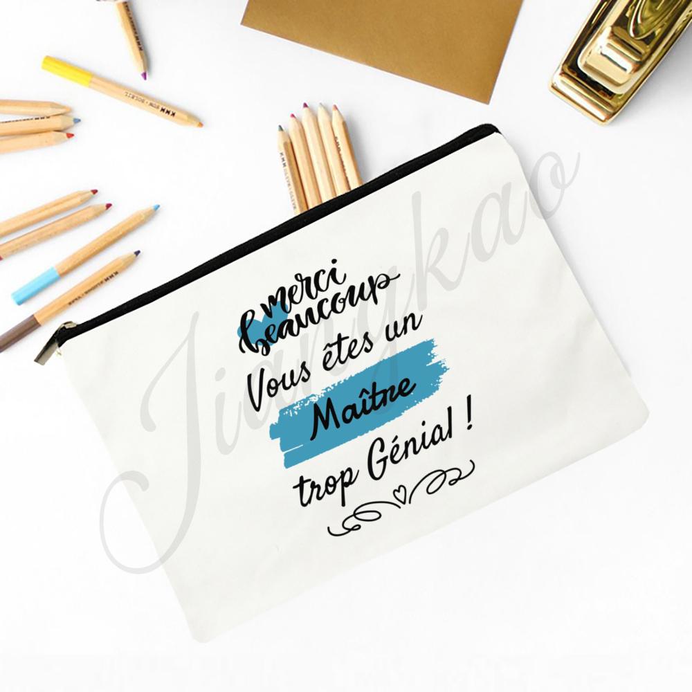 Merci Maitre Print Pencil Bag  Men Travel Toiletry Organizer Bags Makeup Pouch  Teacher's Day Graduation Thanks Gift for Teacher