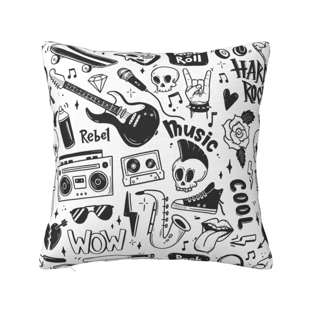 

Rock N Roll Punk Music Skull Graffiti Grunge Pillow Case Cushion Cover Novelty Zipper Decor Pillowcover for Home 66x66cm