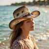 Wide Brim Sunscreen Straw Hat Beads Cowgirl Visor Cap Classic Panama Cap Travel