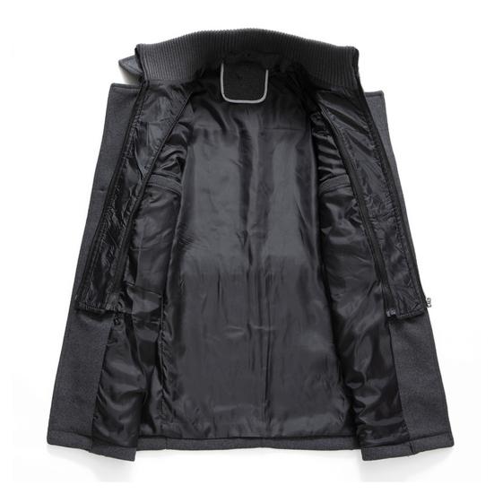 Men Woolen Coat Double Stand Collar Long Sleeve Single-Breasted Solid Color Jacket with Pockets Autumn Winter Mid-length Outwear