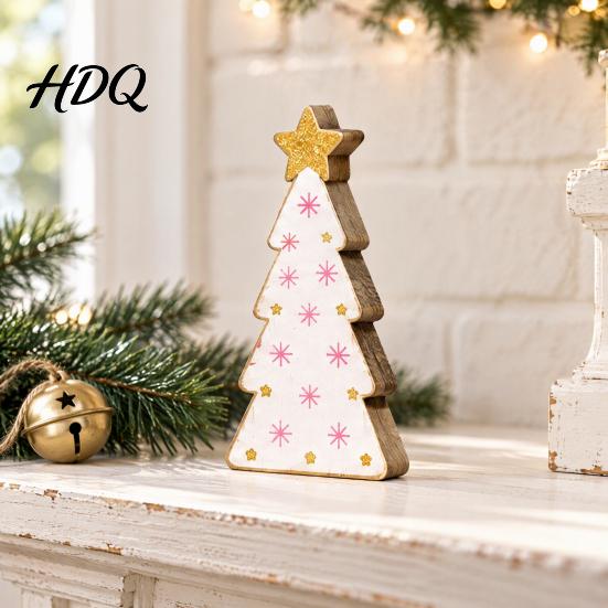 Holiday Party Centerpieces Pink Christmas Tree Wooden Figurine Snowflake Polka Dot Tabletop Decor Romantic Decorations Festive Home Ornament