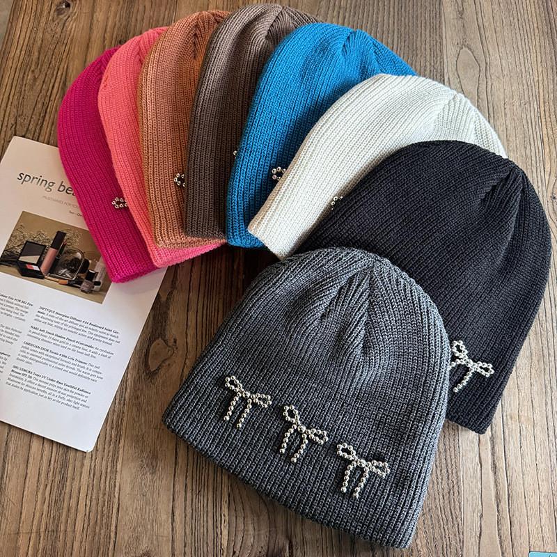 Fashion Color Solid Bow Decoration Women Casual Knitted Hat Autumn Winter And