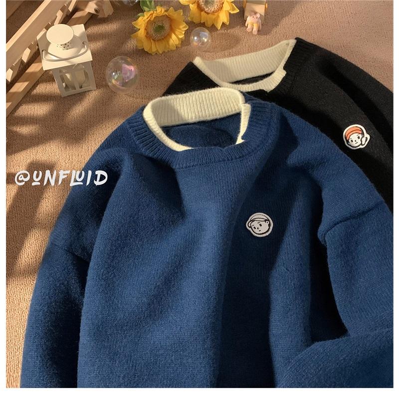 Men's Fake Two Piece Knit Sweater Crew Neck Casual Embroidered Pullover