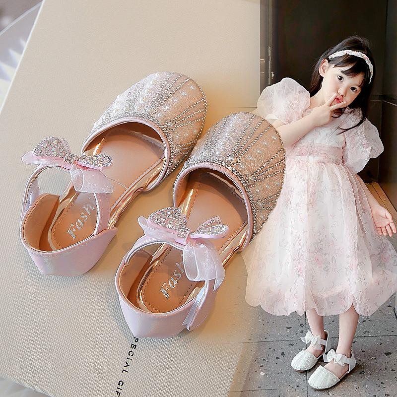 Princess shoes for girls2026Summer new style rhinestone soft-soled non-slip bowknot fashion half-sandals for children with crystals