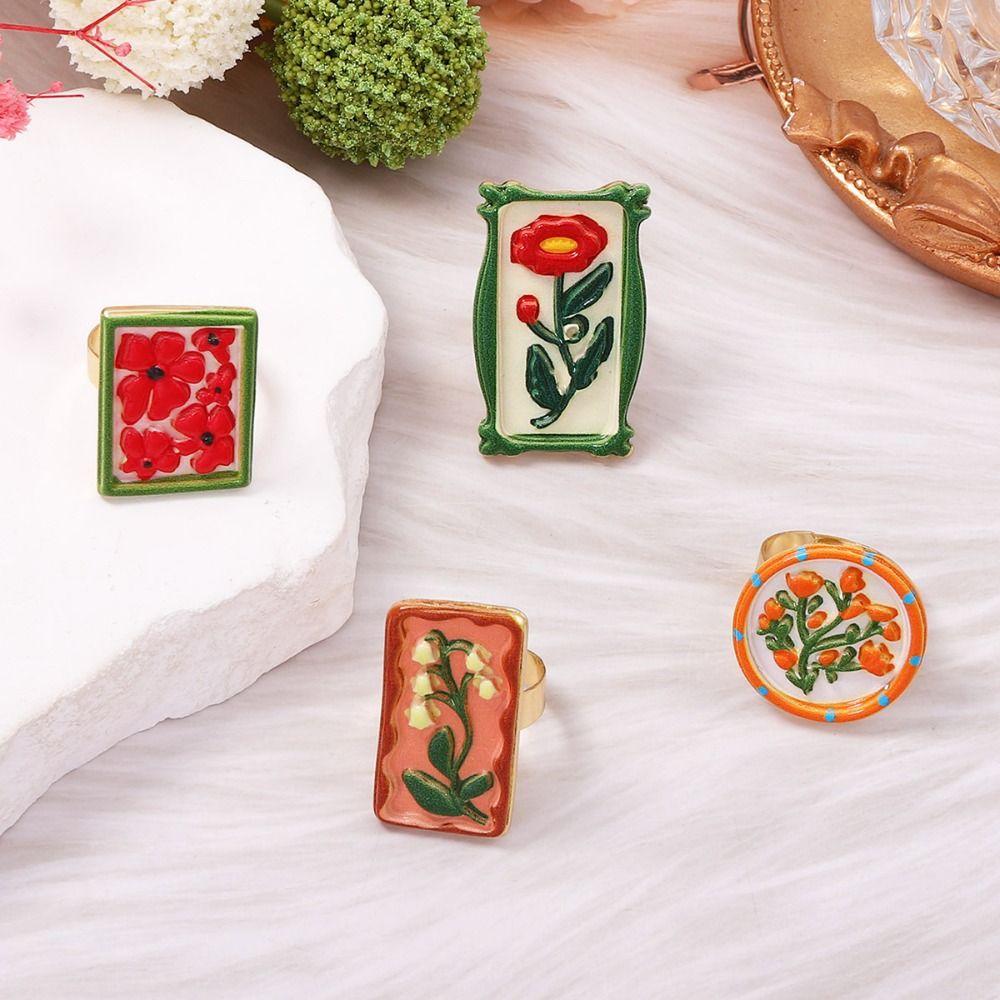 Ethnic Style Enamel Flower Ring French Glazed Ring Luxury Vintage Ring Women