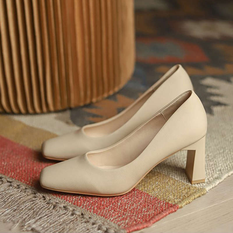 Square Head High Heels Women's Thick Heel Nude Commuter Style Professional Simple Soft Leather Shoes Medium Heel Single Shoes Women