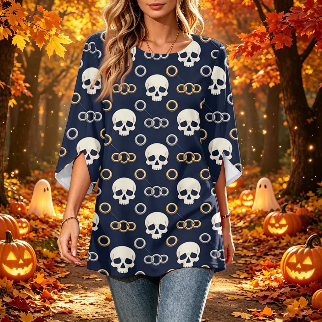 Women's Halloween Print Casual Loose Fit Three-Quarter Sleeve Round Neck Top