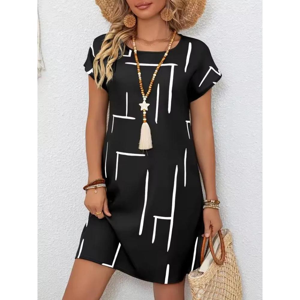 Comfortable Versatile Striped Printed Fashion Dress Casual Loose Crew Neck Casual Dresses S