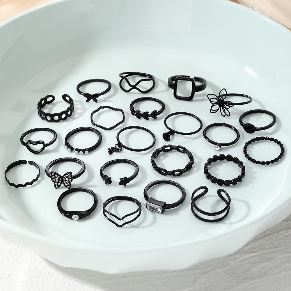 Hohler Blumen-Schmetterlings-Ring, 23-teiliges Set, modischer eleganter schwarzer Diamant-Fingerring, Geschenk, passender Mädchen-Schmuck, Nachtclub, sexy Ring, mehrteiliges Set