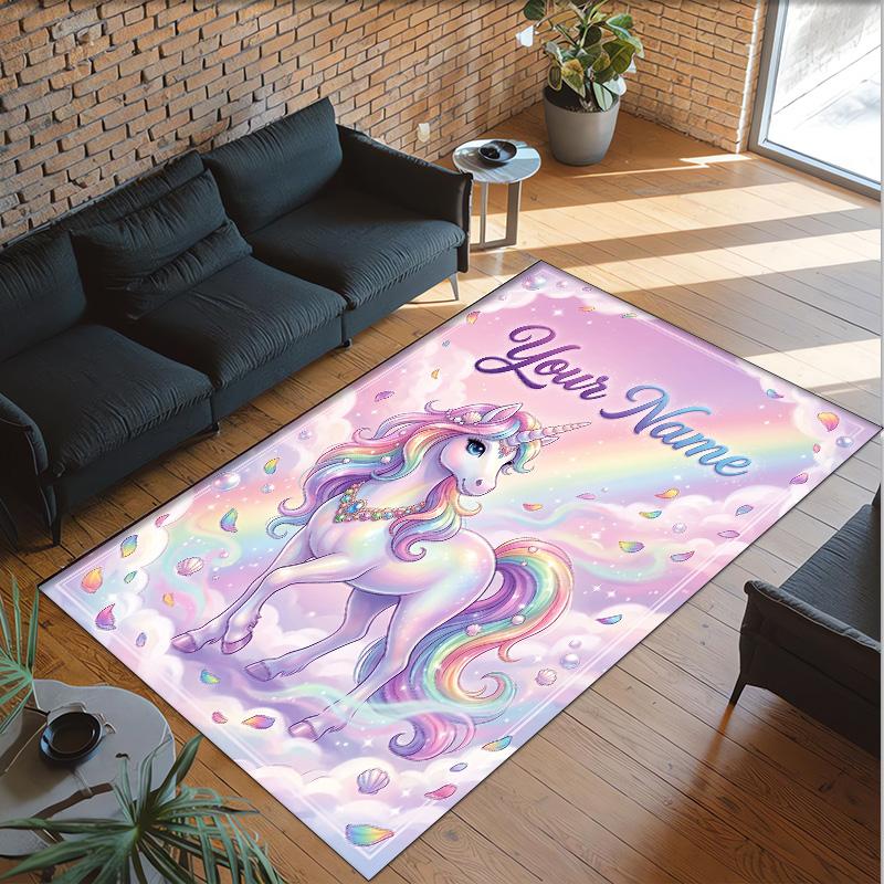 Alfombra de Suelo de Terciopelo de Cristal con Temática de Unicornio, Alfombra Cálida Personalizada con Nombre y Texto, Decoración del Hogar