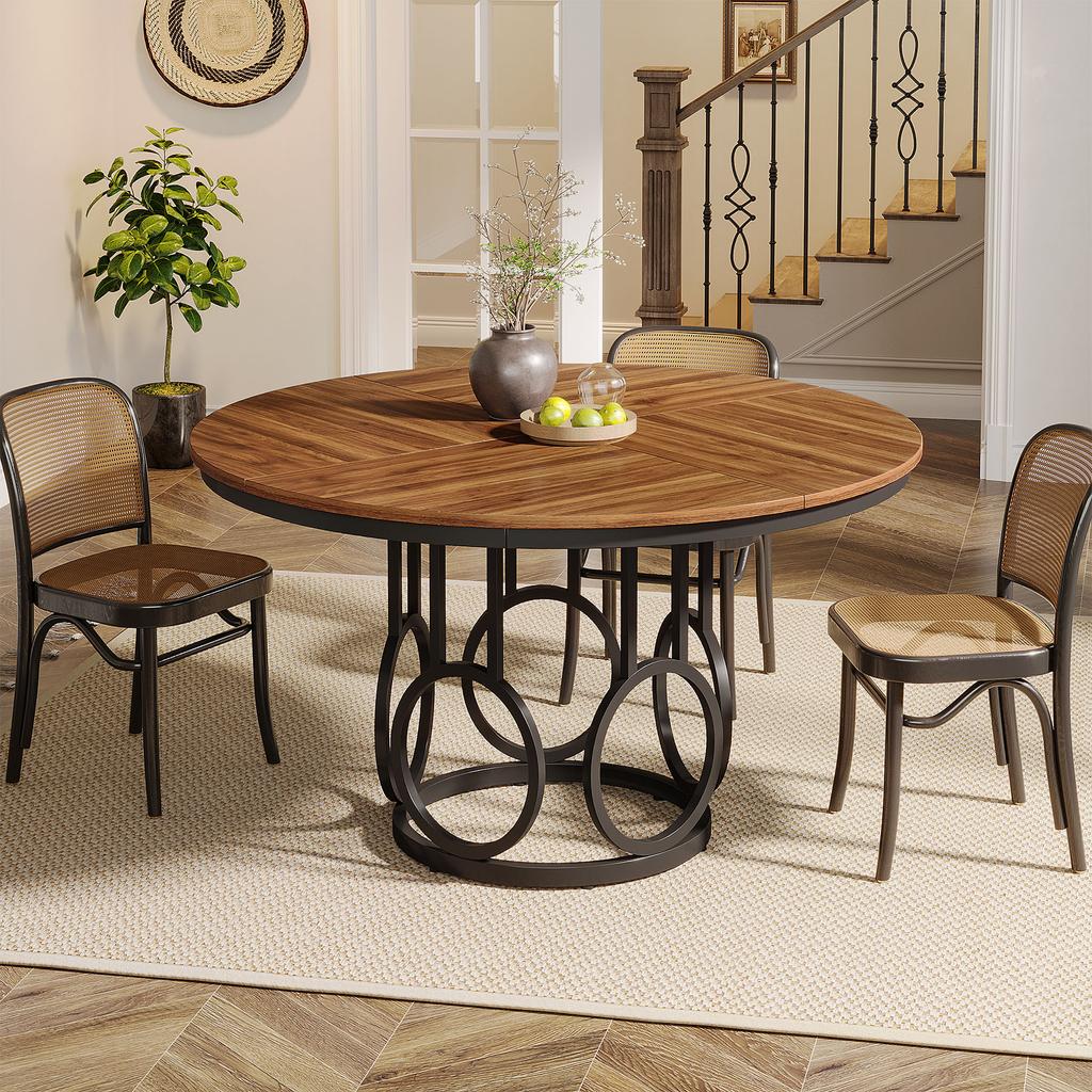 Tribesigns Round Dining Table 120cm, Wooden Kitchen Table with Sturdy Metal Base for 4-6 People, Large Round Dining Table