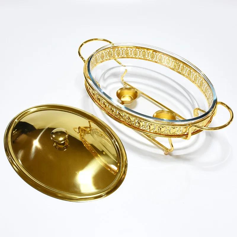 Rozsdamentes Acél Üveg Tálalóedény hot pot kis chafing dish Ételmelegítő Büfé Luxus Arany Ovális Szállodai Esküvői Chafing Dish