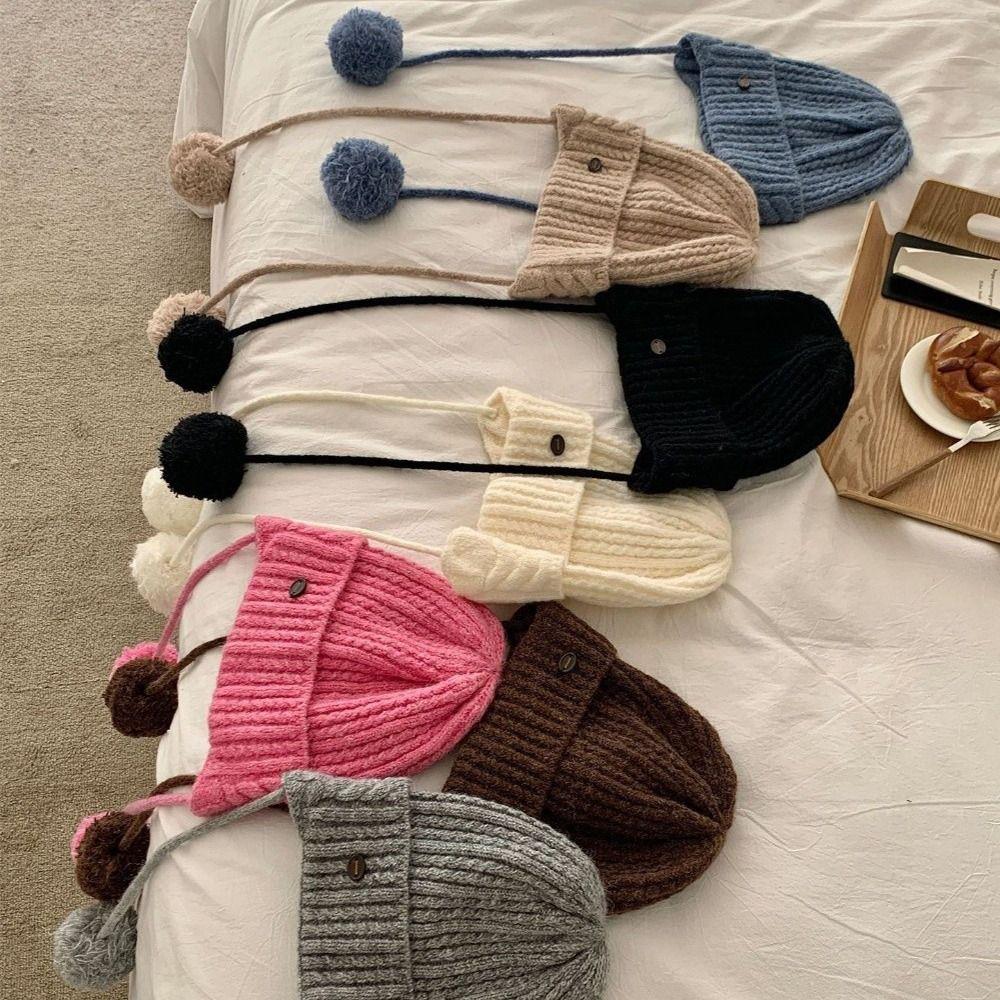 Windproof Y2k Knitted Cap Thick Beanie Hats Japanese Pom-pom Knit Cap  Outdoor