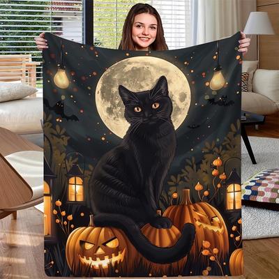 Gemütliche Halloween Flanelldecke mit schwarzer Katze - Weich Warm und Perfekt für Sofa Bett Büro oder Reise