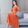 Mid-length Long-sleeved Round Neck Skirt Spring and Summer Printing A Word Elastic Waist Fashion Dre