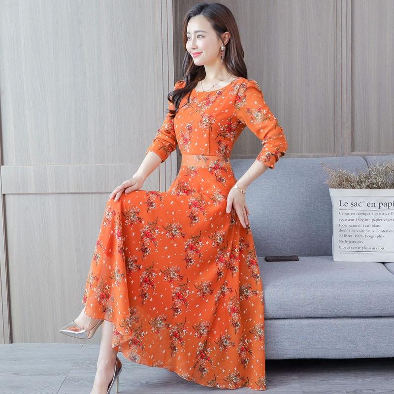 Mid-length Long-sleeved Round Neck Skirt Spring and Summer Printing A Word Elastic Waist Fashion Dre