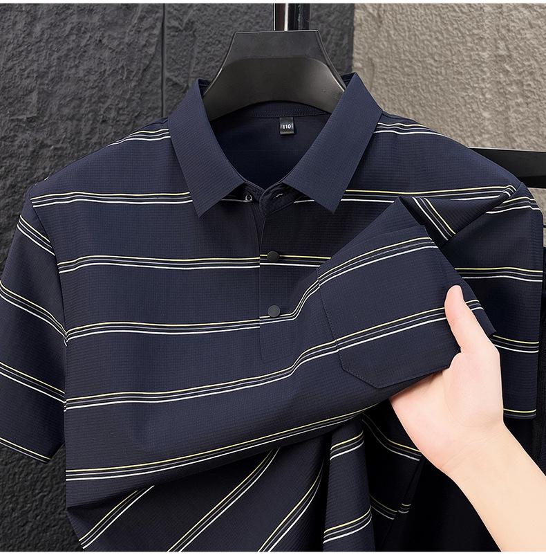 Men's High-End Summer Ice Silk Striped Polo and Shorts Set