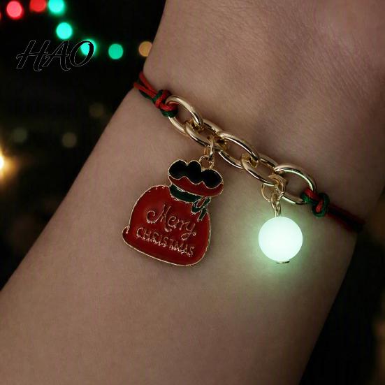 Stackable Festive Wrist Jewelry Christmas Bracelets, Red Green String Bracelet, Adjustable Charm Bracelet Webbing with Glow in The Dark Bead for Women
