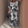 Black & White Floral Print Short Sleeve Shirt and Wide Leg Pants Set