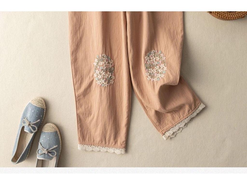 Women's Summer Cotton Linen Embroidered Harem Pants with Artistic Lace Stitching – Casual Nine-Point Bloomers