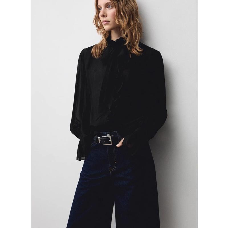 Fall and Winter New Women's Clothing Fashion Wind Long Sleeves Stand Collar Ruffle Design Shoelace Shirt Tops 77059069