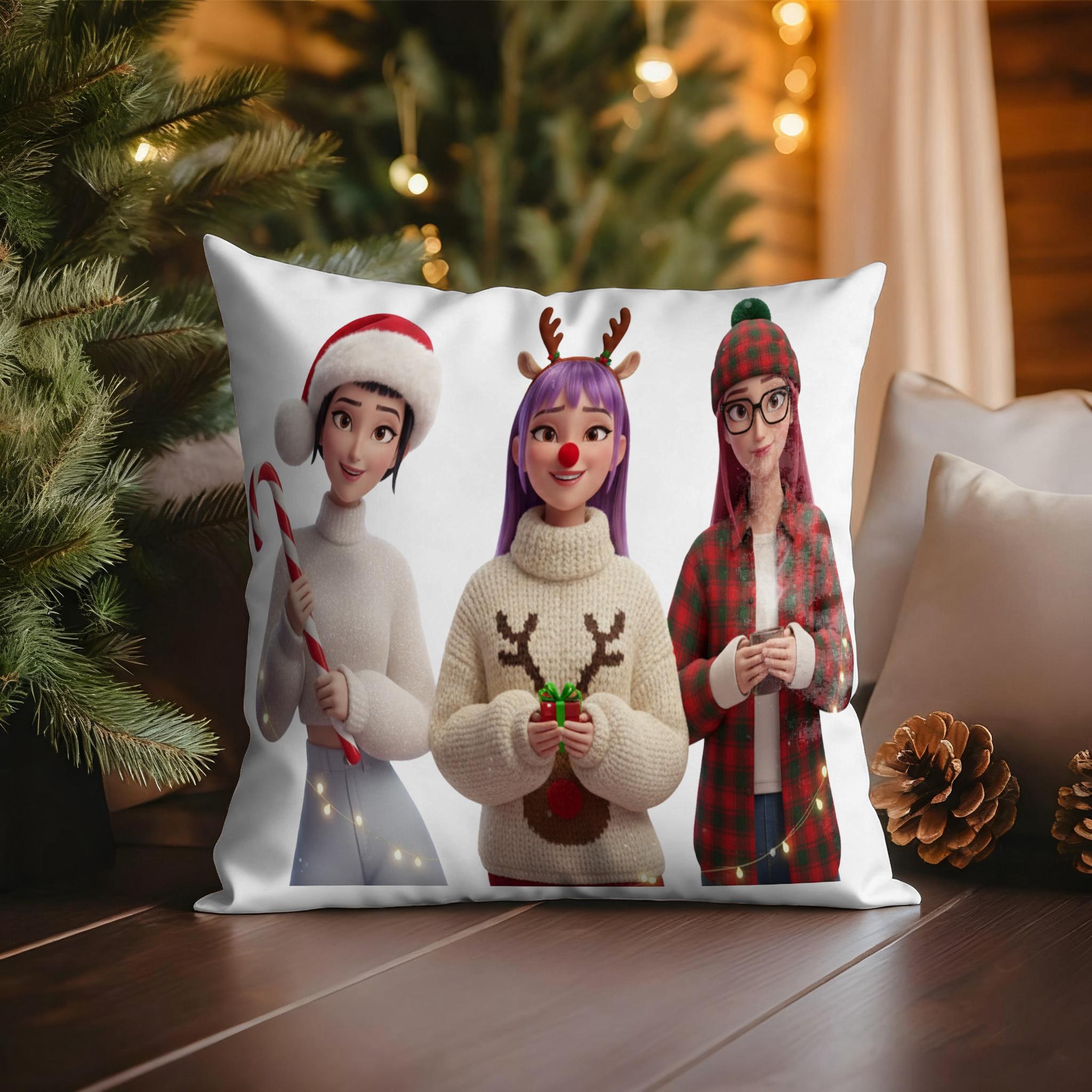 

KPop Demon Hunters blue Cat wears a Christmas hat and scarf, KPOP Cute Christmas pillowcase fashion home decoration 45x45cm