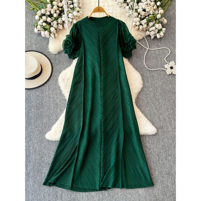 Sanzhai Ruched Fancy Dress Women's Plate Flower Loose Slim Looking French Plus Size Dress Elegance Elegant Long Dress