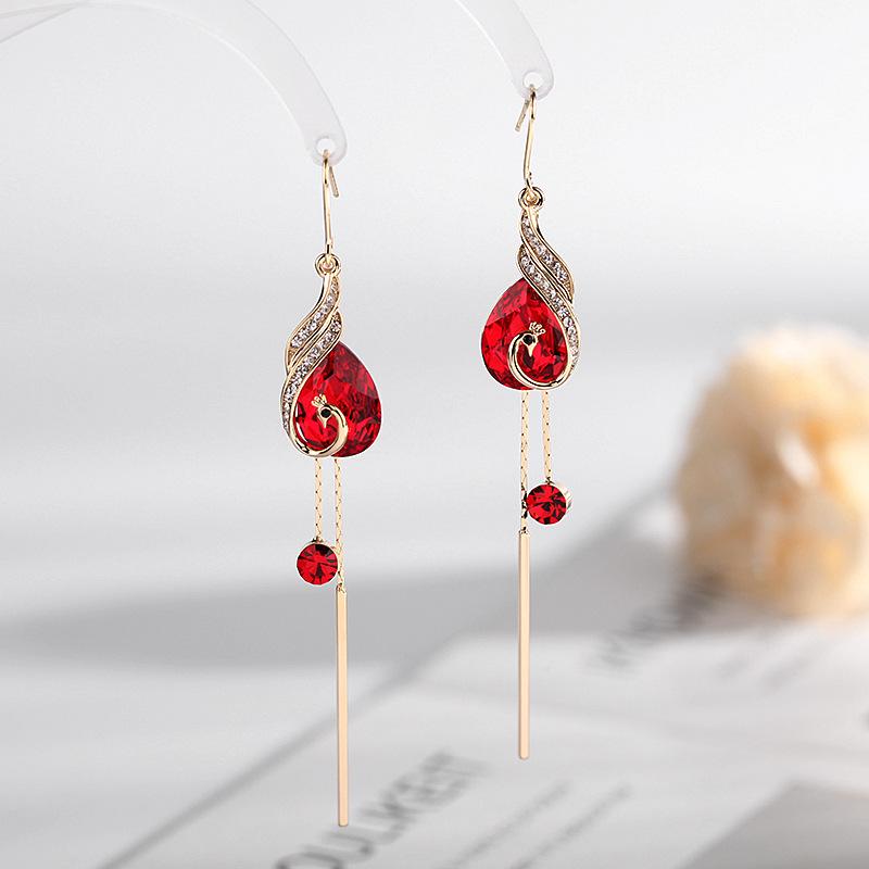 New temperament retro peacock long fringed earrings blue crystal versatile earrings super long personalized earrings красный