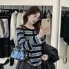 Early Autumn New Retro Hot Girl Loose Casual One-neck Striped Knitted Sweater for Women