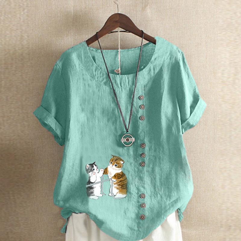 Women's Fashion Round Neck Short Sleeve T-shirt Casual Cotton Linen Graphic Shirt Leisure Loose Tailored Cat Prined Summer Blouse Tops
