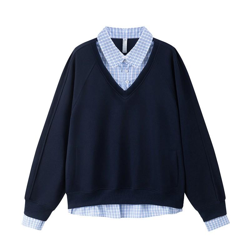 Oversized V-Neck Plaid Patchwork Sweatshirt Unisex Loose Fit Long Sleeve Casual Top Fall 2025