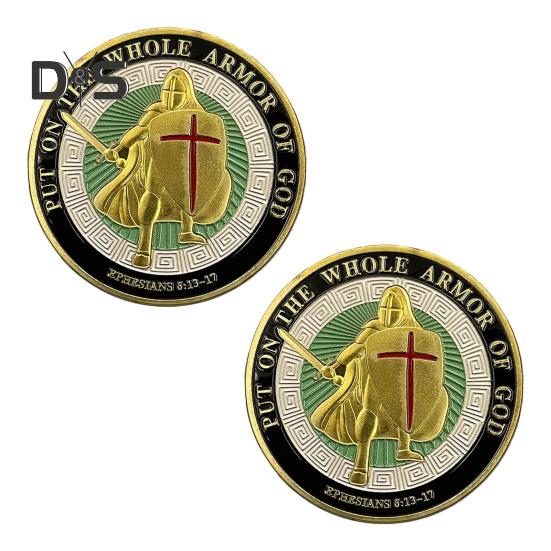 Münze „Rüstung Gottes“, Metall-Souvenirmünze mit 4 cm Durchmesser, „Legen Sie die ganze Rüstung Gottes an“, doppelseitige Herausforderungsmünze für gepanzerte Soldaten für die Militärkirche