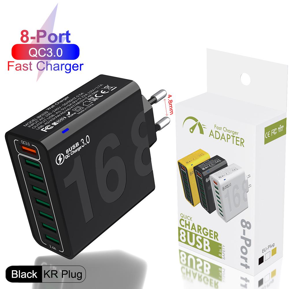 8-Port QC3.0 Fast Charging Travel Charger for Europe, America & Korea - Mobile Phone Charger