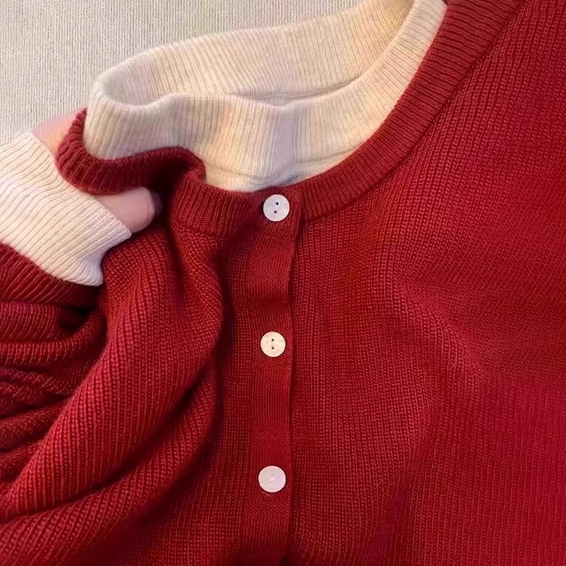 

Idle Style Advanced Red Cardigan sweater Women Autumn and Winter 2024 New Western Style Inner wear Base Knit Top Red S
